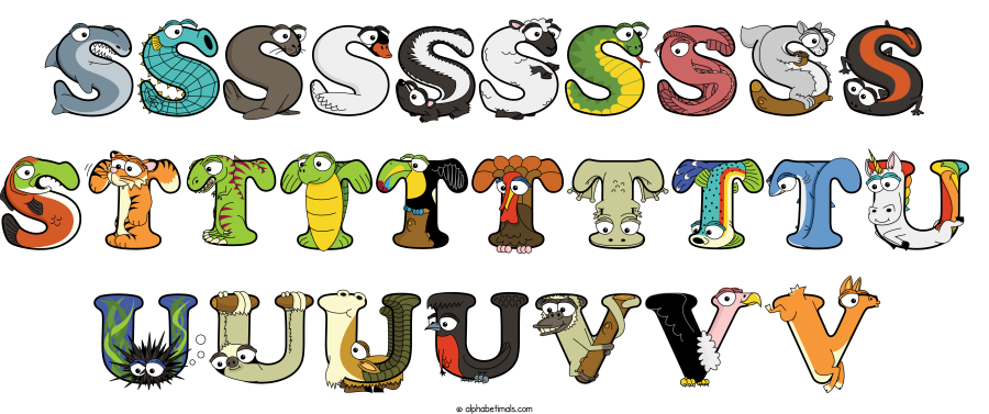 Ssssssssss Sttttttttu Uuuuvvv animal word art spelling Ssssssssss Sttttttttu Uuuuvvv with Alphabetimals - cartoon alphabet animals