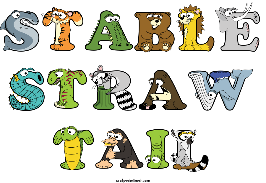 Stable Straw Tail animal word art spelling Stable Straw Tail with Alphabetimals - cartoon alphabet animals