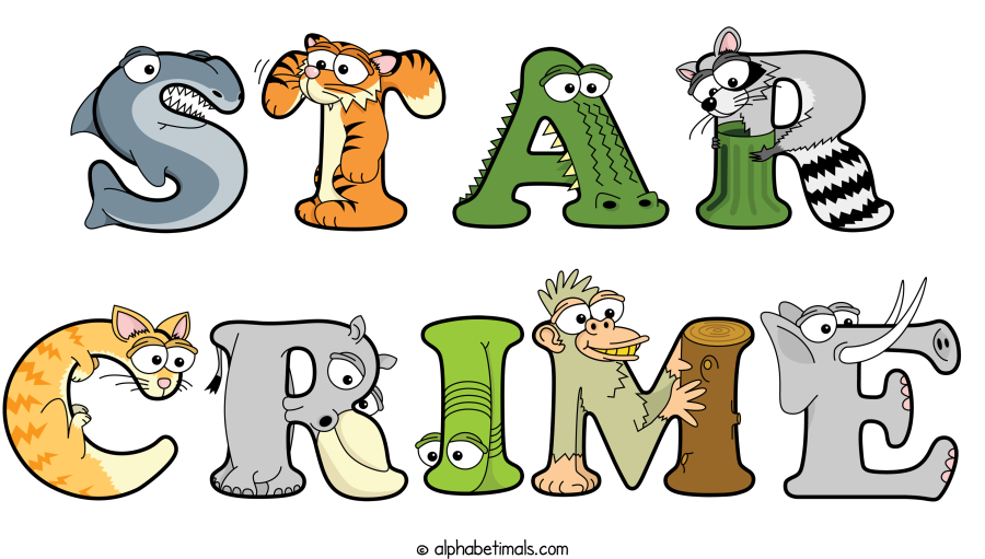 Star Crime animal word art spelling Star Crime with Alphabetimals - cartoon alphabet animals
