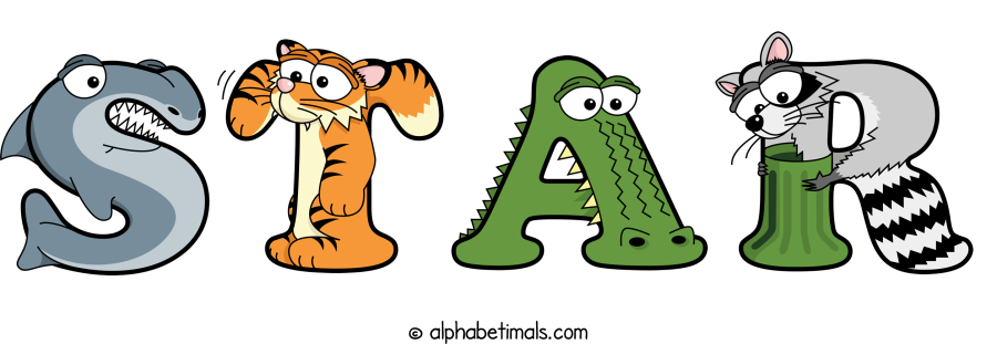 Star animal word art spelling Star with Alphabetimals - cartoon alphabet animals