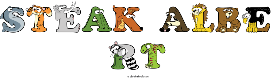 Steak Albe Rt animal word art spelling Steak Albe Rt with Alphabetimals - cartoon alphabet animals