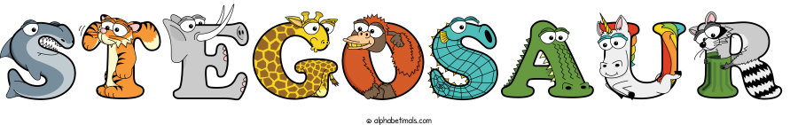 Stegosaur animal word art spelling Stegosaur with Alphabetimals - cartoon alphabet animals