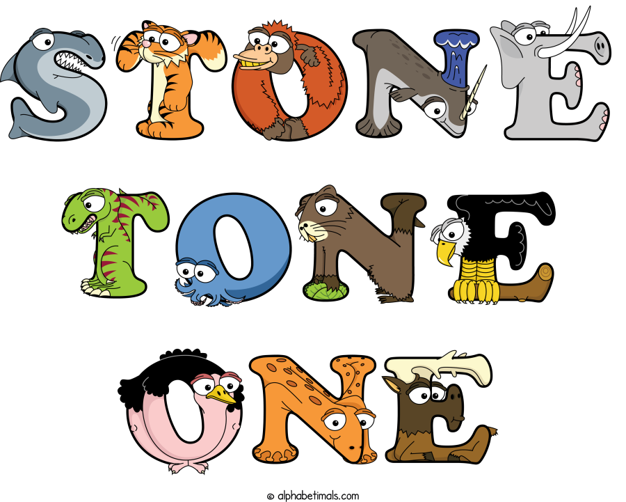 Stone Tone One animal word art spelling Stone Tone One with Alphabetimals - cartoon alphabet animals