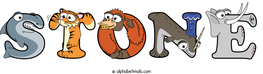 Stone animal word art spelling Stone with Alphabetimals - cartoon alphabet animals