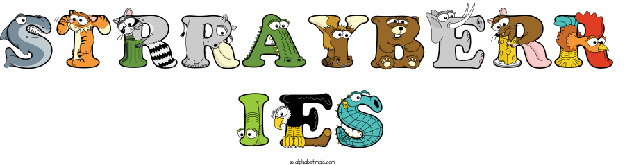 Strrayberr Ies animal word art spelling Strrayberr Ies with Alphabetimals - cartoon alphabet animals