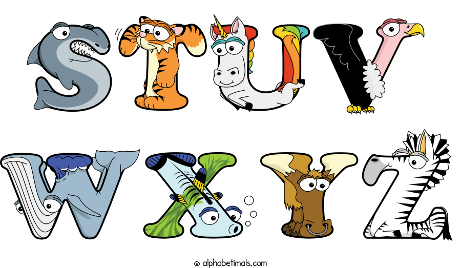 Stuv Wxyz animal word art spelling Stuv Wxyz with Alphabetimals - cartoon alphabet animals