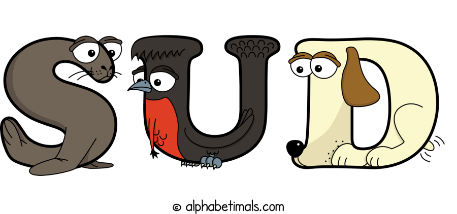 Sud animal word art spelling Sud with Alphabetimals - cartoon alphabet animals