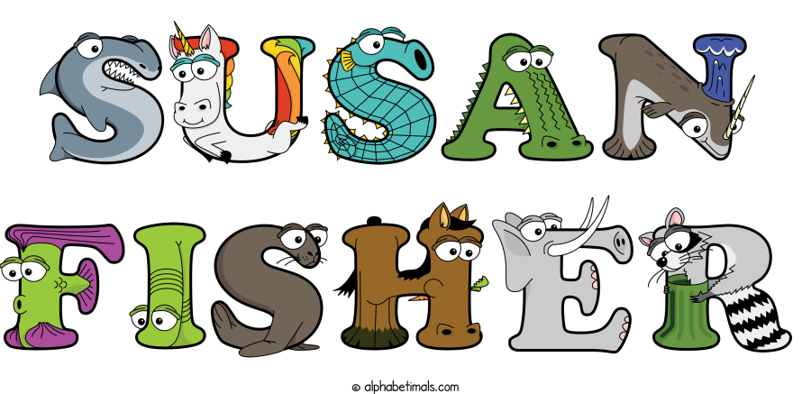 Susan Fisher animal word art spelling Susan Fisher with Alphabetimals - cartoon alphabet animals