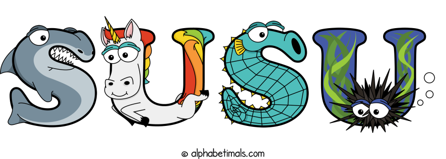 Susu animal word art spelling Susu with Alphabetimals - cartoon alphabet animals