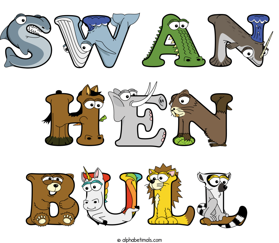 Swan Hen Bull animal word art spelling Swan Hen Bull with Alphabetimals - cartoon alphabet animals