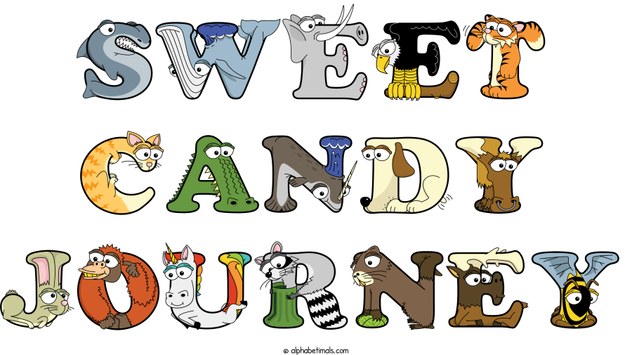 Sweet Candy Journey animal word art spelling Sweet Candy Journey with Alphabetimals - cartoon alphabet animals