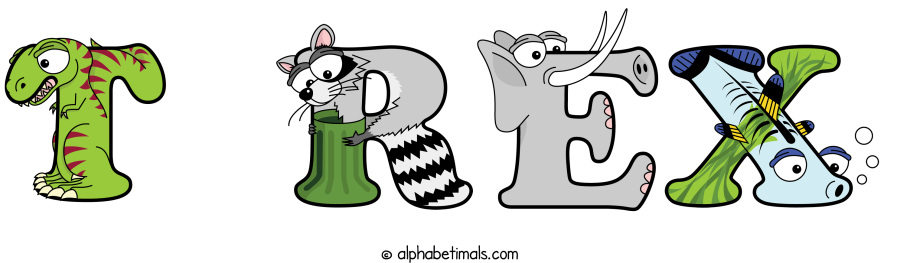 T Rex animal word art spelling T Rex with Alphabetimals - cartoon alphabet animals