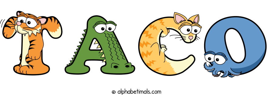Taco animal word art spelling Taco with Alphabetimals - cartoon alphabet animals