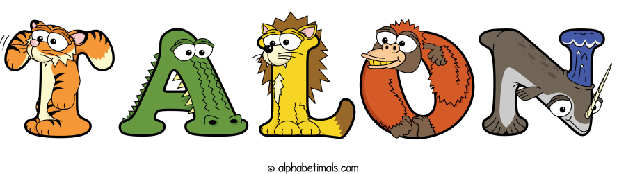 Talon animal word art spelling Talon with Alphabetimals - cartoon alphabet animals