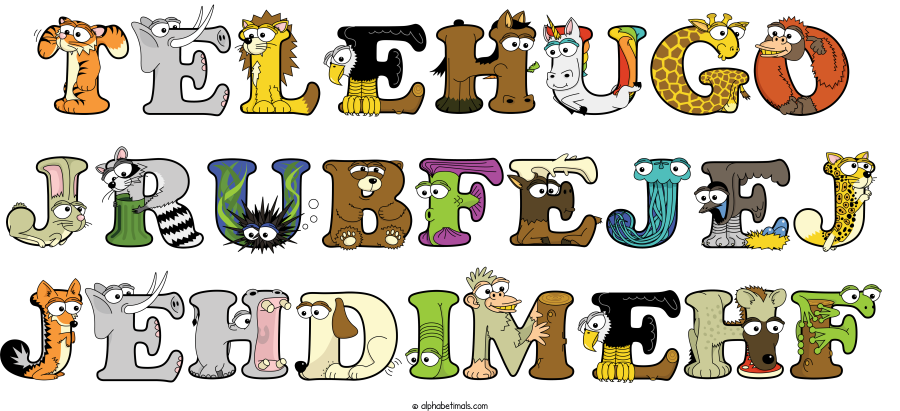 Telehugo Jrubfejej Jehdimehf animal word art spelling Telehugo Jrubfejej Jehdimehf with Alphabetimals - cartoon alphabet animals