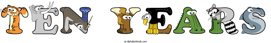Ten Years animal word art spelling Ten Years with Alphabetimals - cartoon alphabet animals