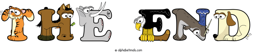 The End animal word art spelling The End with Alphabetimals - cartoon alphabet animals