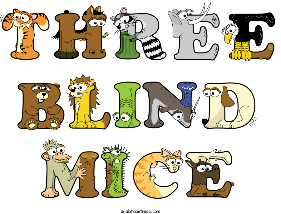 Three Blind Mice animal word art spelling Three Blind Mice with Alphabetimals - cartoon alphabet animals