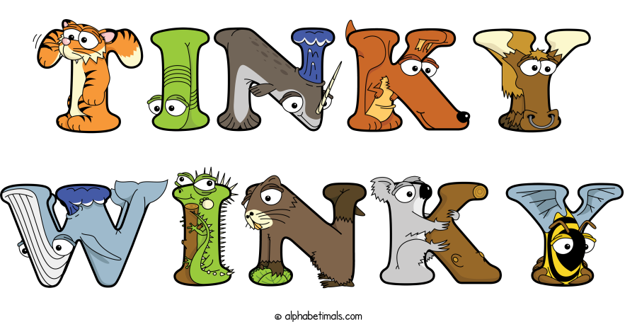 Tinky Winky animal word art spelling Tinky Winky with Alphabetimals - cartoon alphabet animals