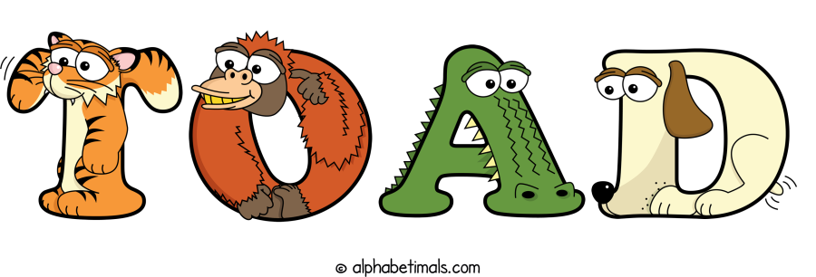 Toad animal word art spelling Toad with Alphabetimals - cartoon alphabet animals