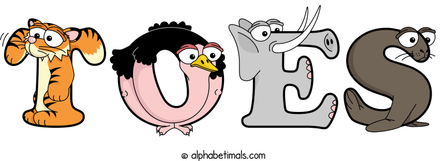 Toes animal word art spelling Toes with Alphabetimals - cartoon alphabet animals