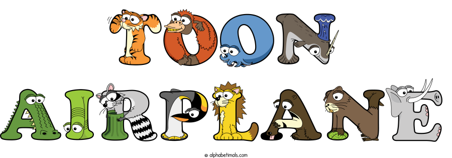 Toon Airplane animal word art spelling Toon Airplane with Alphabetimals - cartoon alphabet animals