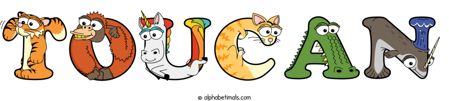 Toucan animal word art spelling Toucan with Alphabetimals - cartoon alphabet animals