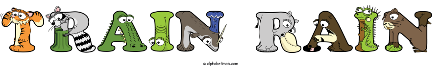 Train Rain animal word art spelling Train Rain with Alphabetimals - cartoon alphabet animals