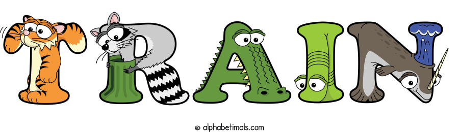 Train animal word art spelling Train with Alphabetimals - cartoon alphabet animals