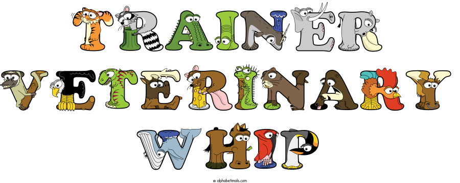 Trainer Veterinary Whip animal word art spelling Trainer Veterinary Whip with Alphabetimals - cartoon alphabet animals