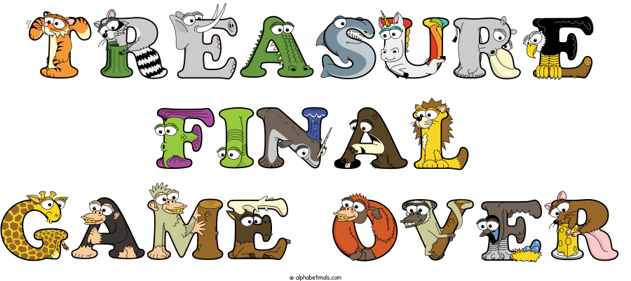 Treasure Final Game Over animal word art spelling Treasure Final Game Over with Alphabetimals - cartoon alphabet animals