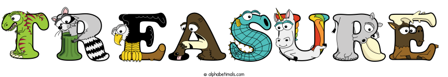 Treasure animal word art spelling Treasure with Alphabetimals - cartoon alphabet animals