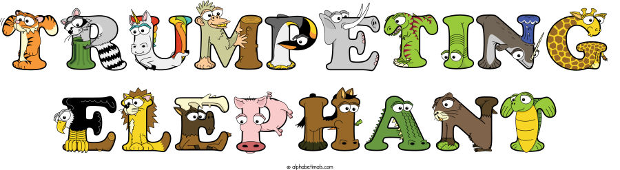 Trumpeting Elephant animal word art spelling Trumpeting Elephant with Alphabetimals - cartoon alphabet animals
