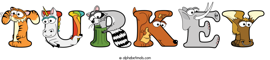 Turkey animal word art spelling Turkey with Alphabetimals - cartoon alphabet animals