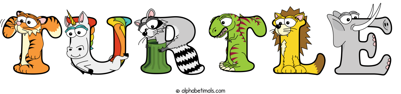 The word turtle written using cute cartoon animal alphabet letters