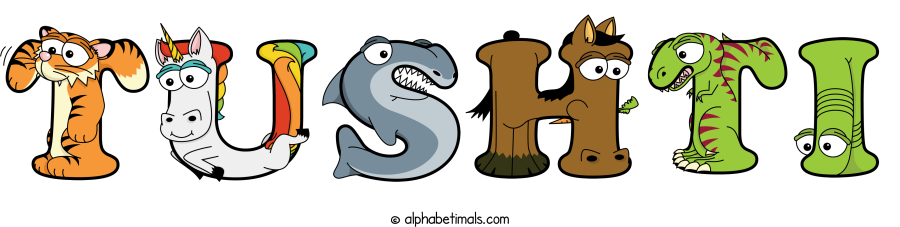 Tushti animal word art spelling Tushti with Alphabetimals - cartoon alphabet animals