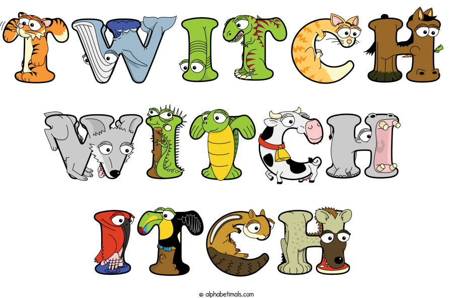 Twitch Witch Itch animal word art spelling Twitch Witch Itch with Alphabetimals - cartoon alphabet animals
