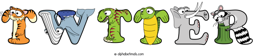 Twtter animal word art spelling Twtter with Alphabetimals - cartoon alphabet animals