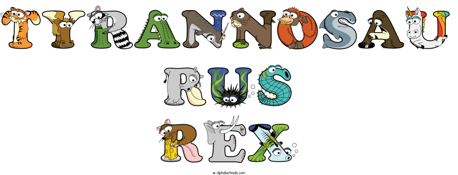 Tyrannosau Rus Rex animal word art spelling Tyrannosau Rus Rex with Alphabetimals - cartoon alphabet animals