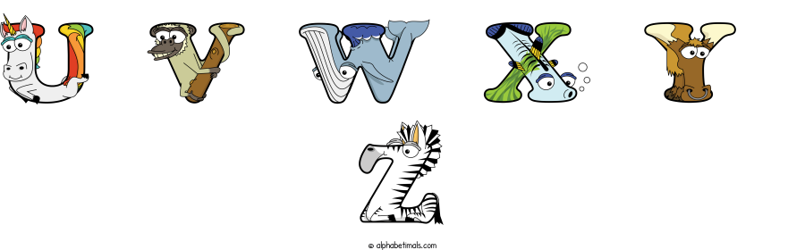 U V W X Y  Z animal word art spelling U V W X Y  Z with Alphabetimals - cartoon alphabet animals
