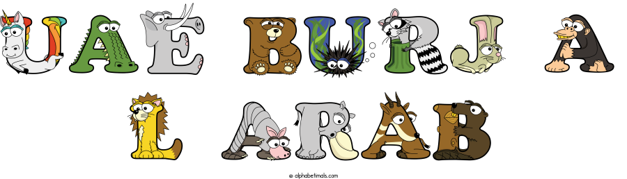 Uae Burj A L Arab animal word art spelling Uae Burj A L Arab with Alphabetimals - cartoon alphabet animals