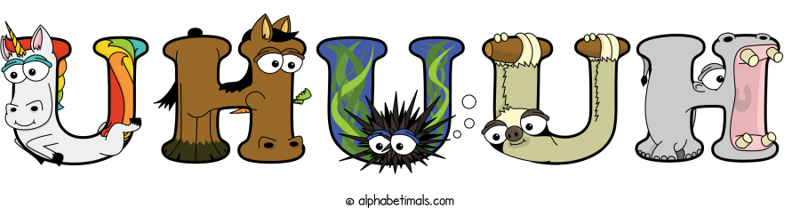 Uhuuh animal word art spelling Uhuuh with Alphabetimals - cartoon alphabet animals