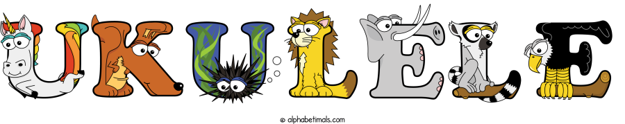 Ukulele animal word art spelling Ukulele with Alphabetimals - cartoon alphabet animals