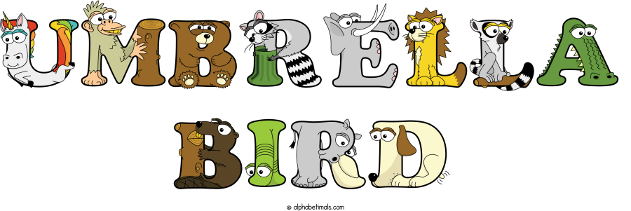 Umbrella Bird animal word art spelling Umbrella Bird with Alphabetimals - cartoon alphabet animals