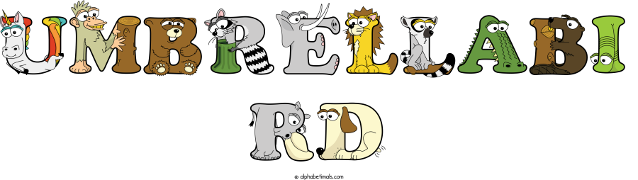 Umbrellabi Rd animal word art spelling Umbrellabi Rd with Alphabetimals cartoon alphabet animals