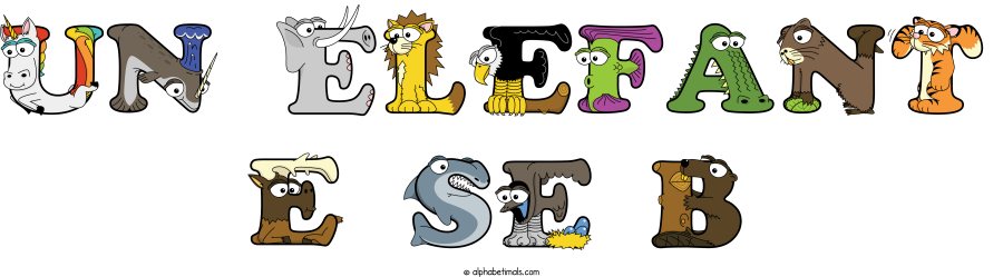Un Elefant E Se B animal word art spelling Un Elefant E Se B with Alphabetimals - cartoon alphabet animals