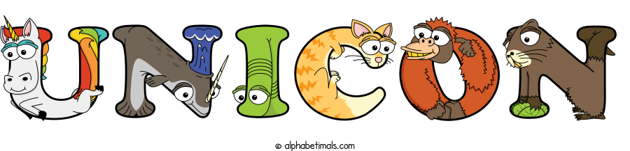 Unicon animal word art spelling Unicon with Alphabetimals - cartoon alphabet animals