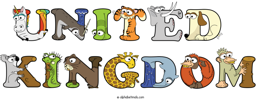 United  Kingdom animal word art spelling United  Kingdom with Alphabetimals - cartoon alphabet animals