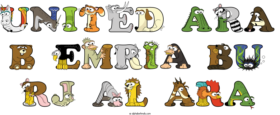United Ara B Emria Bu Rj Al Ara animal word art spelling United Ara B Emria Bu Rj Al Ara with Alphabetimals - cartoon alphabet animals