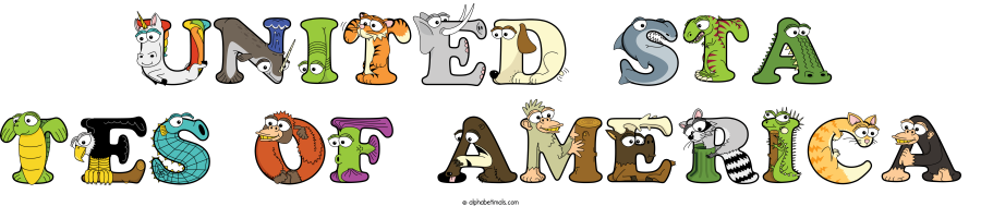 United Sta Tes Of America animal word art spelling United Sta Tes Of America with Alphabetimals - cartoon alphabet animals